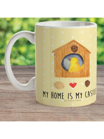 Mr. & Mrs. Panda Kaffeetasse Vogel Haus mit Spruch in Gelb Pastell