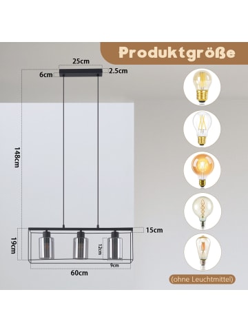 ZMH Pendelleuchte in Schwarz 3-flammige E27 Vintage Glas H 120cm