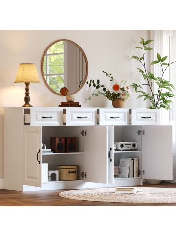 ABRIHOME Sideboard in Weiß 160x40x80 cm mit 4 Türen 4 Schubladen Geriffeltem Design