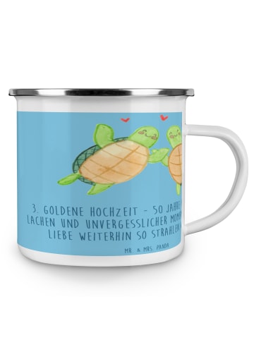 Mr. & Mrs. Panda Camping Emaille Tasse 50. Hochzeitstag mit Spruch in Sky Blue