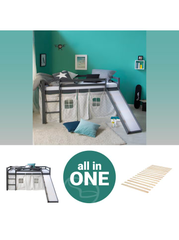 Homestyle4u Hochbett 90x200 mit Vorhang, Lattenrost, Rutsche in Grau Sterne