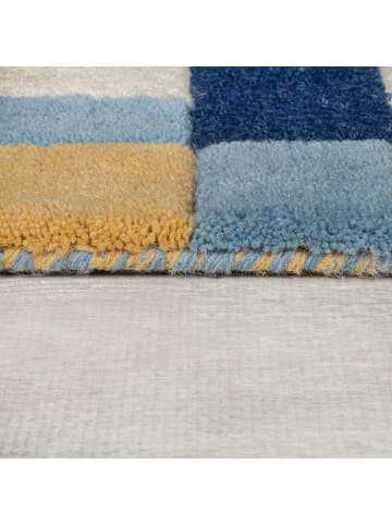 KADIMA DESIGN Wollteppich Geometrisch, Rahmen, Wohnzimmer schmutzabweisend in Blau-Gelb