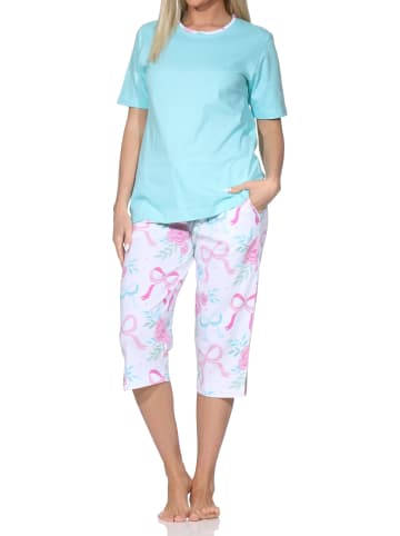 NORMANN Schlafanzug kurzarm Caprihose Pyjama Schleifen Motiv in türkis
