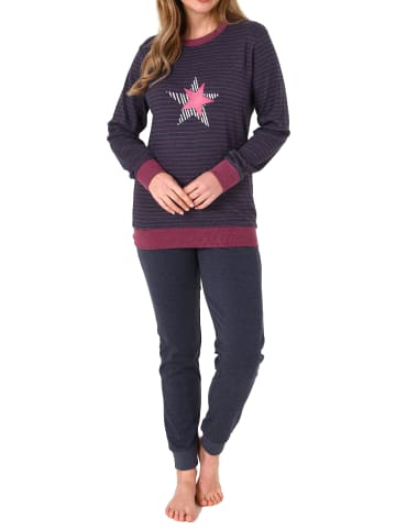 NORMANN Frottee Pyjama Bündchen Streifen und Sternen - 75886 in marine