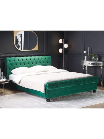 Beliani Doppelbett AVALLON in Grün/Dunkler Holzfarbton - (W) 172 x (H) 94 x (L) 233 cm