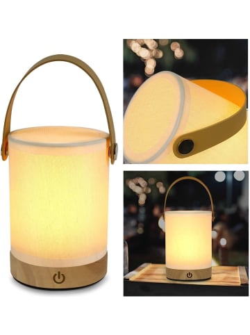 ZMH LED Tischleuchte in Beige Touch Dimmbar zylinder Holz und Stoff Tragbar H 22cm