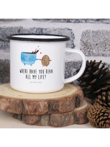 Mr. & Mrs. Panda XL Emaille Tasse Kaffee Bohne mit Spruch in Weiß