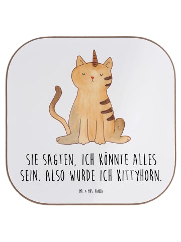 Mr. & Mrs. Panda Glas-Untersetzer Einhorn Katze mit Spruch in Weiß