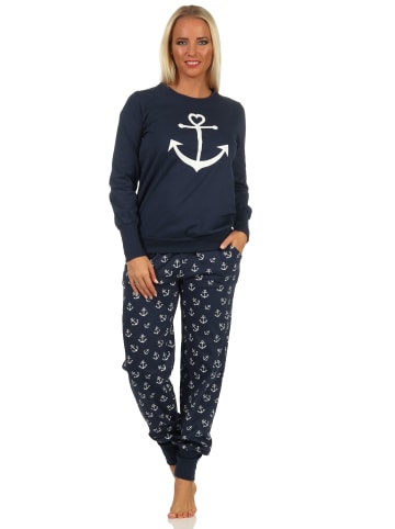 NORMANN Schlafanzug Pyjama Bündchen Anker in marine