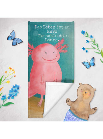 Mr. & Mrs. Panda Badhandtuch Axolotl Glücklich Design mit Spruch in Grau Pastell