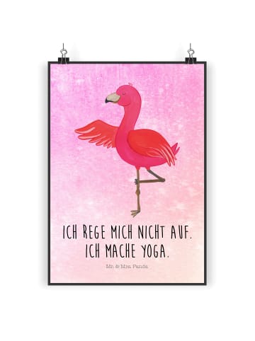 Mr. & Mrs. Panda Poster Flamingo Yoga mit Spruch in Aquarell Pink