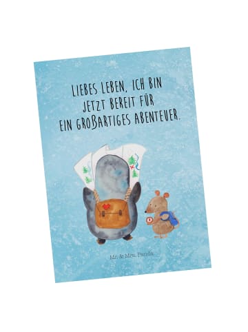 Mr. & Mrs. Panda Postkarte Pinguin & Maus Wanderer mit Spruch in Eisblau