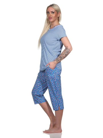 NORMANN Kurzarm Schlafanzug Caprihose Oberteil gestreift Hose floral in marine