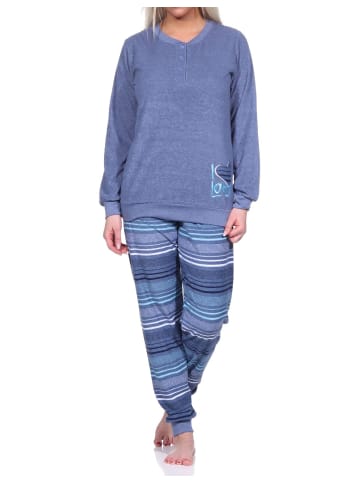 NORMANN Frottee Schlafanzug langarm Bündchen Hose gestreift - 75871 in blau-melange