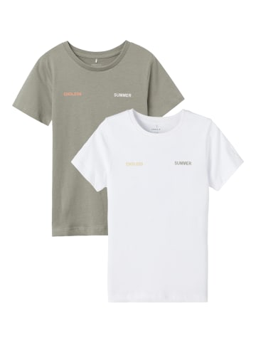 name it Print T-Shirt 2-er Set Kurzarm aus Baumwolle NKMHELARS in Weiß-Grün