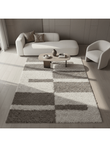 KADIMA DESIGN Teppich Hochflor Shaggy Waschbar Karo WERFEN Strapazierfähig in Beige