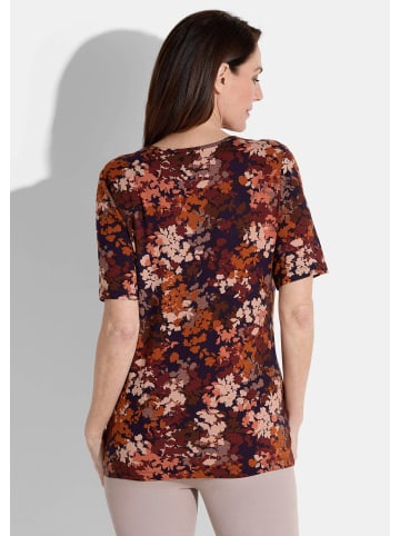 GOLDNER Kurzgröße:  Herbstshirt mit Blätterdesign in marine / bordeaux / gemustert