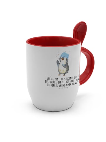 Mr. & Mrs. Panda Tasse mit Löffel Pinguin Duschen mit Spruch in Weiß