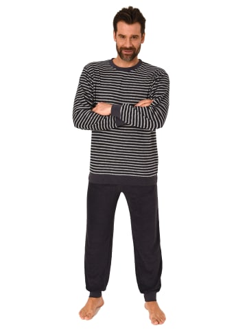 NORMANN Frottee Pyjama langarm Schlafanzug Bündchen Streifen in dunkelgrau
