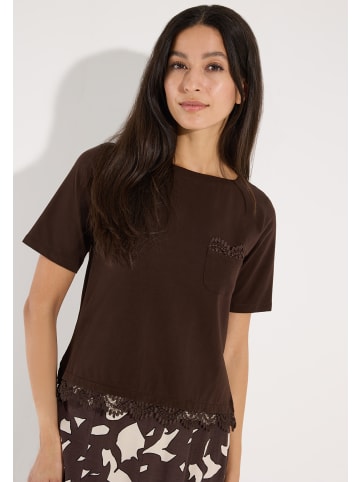 More & More feminines Kurzarmshirt, Spitzenbordüre in brown