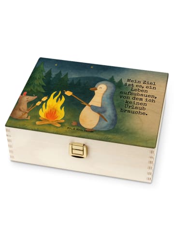 Mr. & Mrs. Panda Teekiste Holz Pinguin Lagerfeuer Design mit Spruch in Weiß