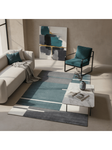 KADIMA DESIGN Teppich Kurzflor Waschbar Karo LATEMAR Strapazierfähig OEKO-TEX in Blau