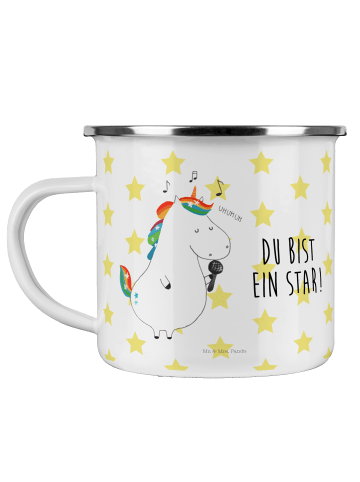 Mr. & Mrs. Panda Camping Emaille Tasse Einhorn Sänger mit Spruch in Weiß