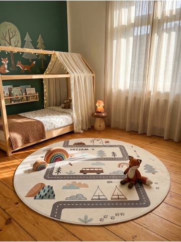 KADIMA DESIGN Kinderteppich Dinosaurier Waschbar Rutschfest Spielteppich in Creme