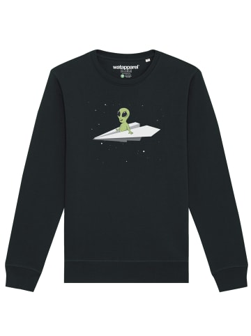 wat? Apparel Sweatshirt Alien on a paper plane in Schwarz