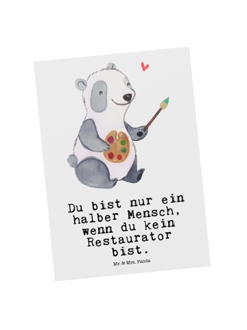 Mr. & Mrs. Panda Postkarte Restaurator Herz mit Spruch in Weiß