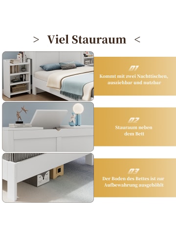 ABRIHOME Holzbett Doppelbett mit Lattenrost und Nachttischen 140x200cm in Weiß