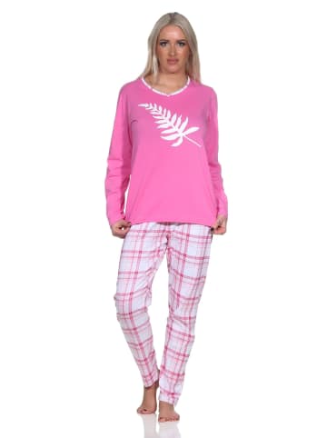 NORMANN Damen Schlafanzug langarm in tollen Farben mit Karo-Muster - 86316 in pink