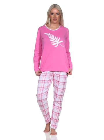 NORMANN Damen Schlafanzug langarm in tollen Farben mit Karo-Muster in pink