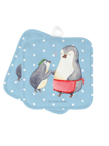 Mr. & Mrs. Panda 2er Set Topflappen  Pinguin mit Kind ohne Spruch in Blau Pastell