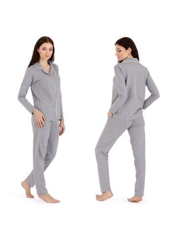 LOREZA Schlafanzug Pyjama langarm- Sterne - Grau