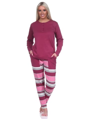 NORMANN Pyjama lang Schlafanzug gestreifter Hose interlock - 76001 in beere