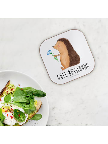 Mr. & Mrs. Panda Holzuntersetzer Igel Blumen mit Spruch in Weiß