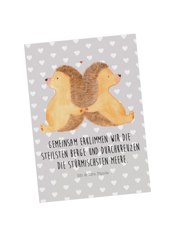 Mr. & Mrs. Panda Postkarte Igel händchenhaltend mit Spruch in Grau Pastell