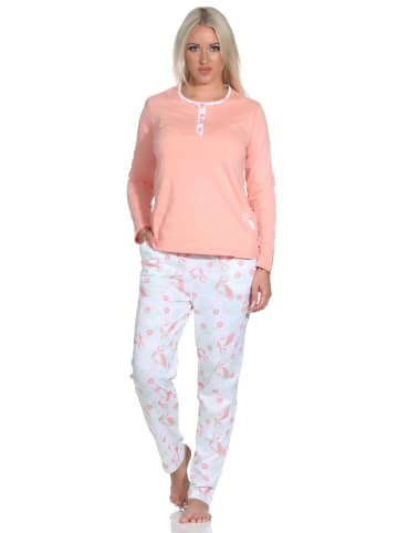 NORMANN Schlafanzug Langarm Pyjama Flamingo und Knopfleiste am Hals in apricot