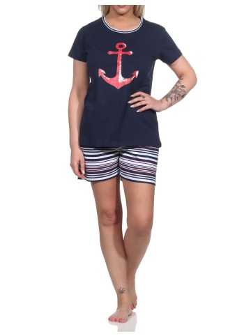 NORMANN Shorty Pyjama Anker und gestreiften Shorts - 74903 in navy