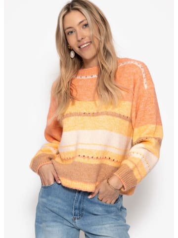 SASSYCLASSY Gestreifter Pullover mit Loch-Strickmuster in Gelb