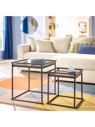 home24 home24 Beistelltisch im 2er-Set aus Metall und Spanplatte im modernen Stil in Walnuss Dekor / Schwarz