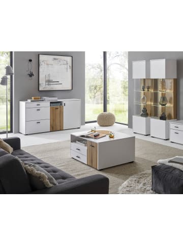 Furn.Design Couchtisch weiß matt, Eiche 90 cm, Wohnzimmertisch mit Stauraum und Soft-Close