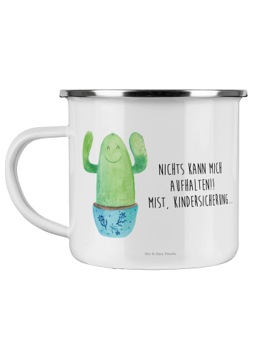 Mr. & Mrs. Panda Camping Emaille Tasse Kaktus Happy mit Spruch in Weiß