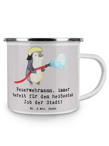 Mr. & Mrs. Panda Camping Emaille Tasse Feuerwehrmann Held mit Sp... in Grau Pastell