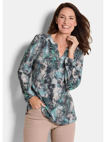 GOLDNER Jerseybluse Elegantes Blusenshirt mit V-Ausschnitt in petrol / gemustert