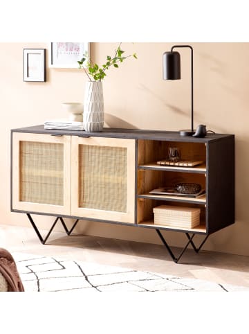 KADIMA DESIGN Sideboard 145x75x40cm Mango Massivholz/Rattan Kommode mit 2 Türen