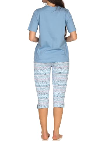 NORMANN Kurzarm Capri Schlafanzug Pyjama Ethnolook in hellblau