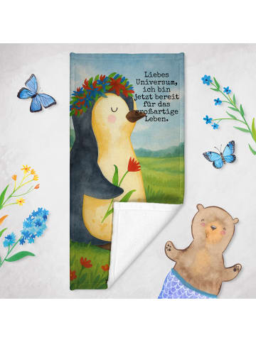 Mr. & Mrs. Panda Duschtuch Pinguin Blumen Design mit Spruch in Eisblau