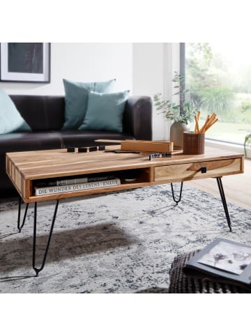 KADIMA DESIGN Couchtisch Sheesham | Schubfächer, 110cm breit, Metallfüße, Massiv in Beige